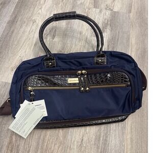 Samantha Brown Navy Brown Croc Embossed Drop Bottom Weekender‎ Travel Bag NEW